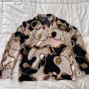 Ladies Patterned Top Tunic Pink Black Gold Chain Equestrian Print Vintage Retro